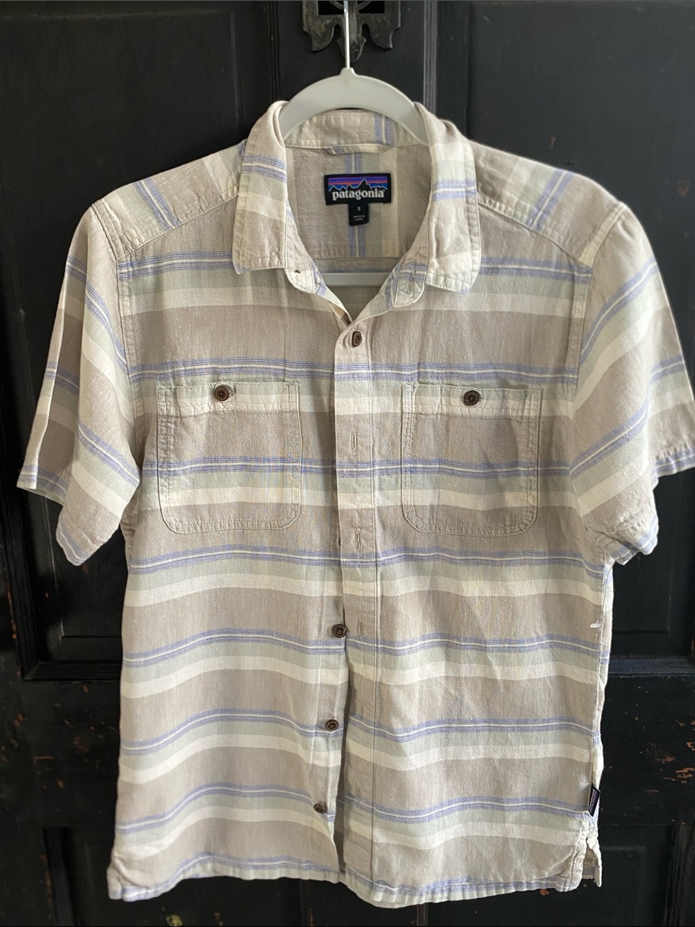 Patagonia Short-Sleeve Button-Down Shirt in Beige and Light Blue Stripes